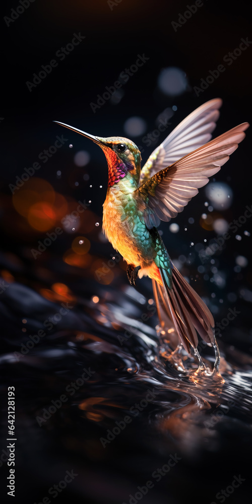 Obraz premium Colorful Colibri bird flying from water