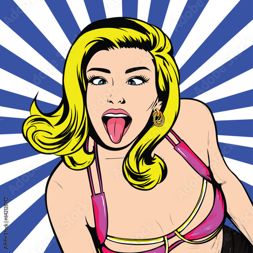Close up portrait of funny childish playful careless carefree cheerful excited joyful beautiful delightful with long blond straight hairdo woman demonstrating tongue. Vector Illustration In Retro Pop 