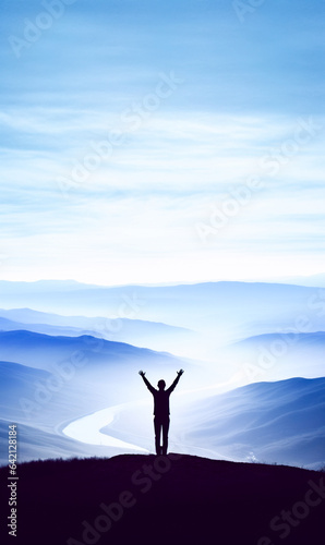 Minimalist Silhouette of man with arms raised up standing on mountain top