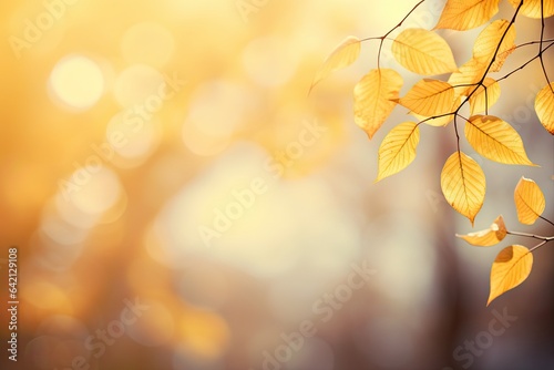 Blurred, defocused light colored autumn background with delicate orange autumn branches with leaves. Autumn leaves on a sunny day in the park. Generative AI. 