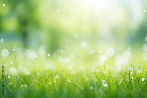 Fresh young green grass in sunlight with beautiful, blurred background. Natural background. Summer spring panorama banner. Generative AI.