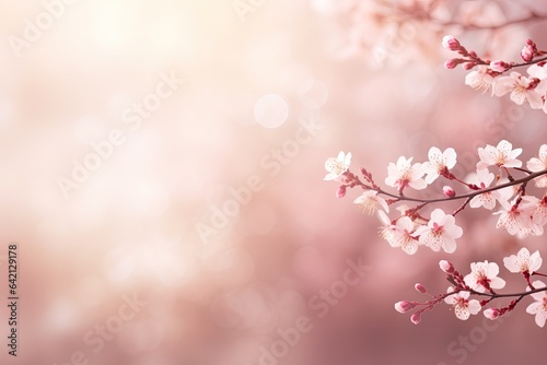 Branches of blossoming cherry against pink blurry background. Spring banner, dreamy romantic image spring, selective focus on pink sakura flowers, landscape panorama, copy space. Generative AI. 