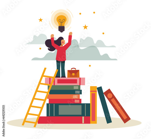 Sky is the limit. A girl, woman on a stack of books. Vector illustration. Separated items on a white background. Empowerment and girl power. Accomplishment.