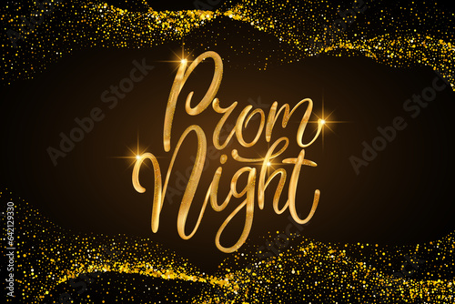 Prom night glitter text card. Shiny sparkle 3d vector gold golden lettering calligraphy card art