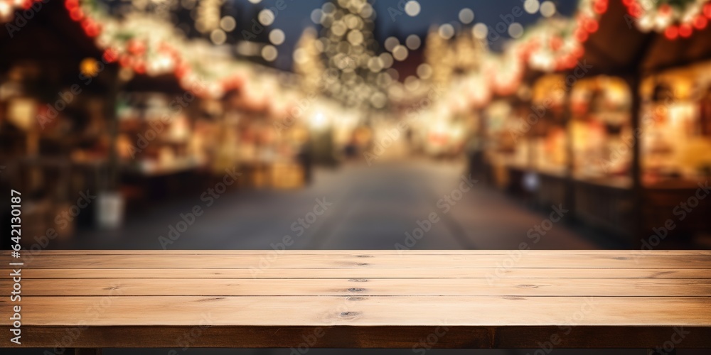 Panorama Mockup Holztisch mit einem Weihnachtsmarkt im Hintergrund. Unscharfe Bereiche als Platzhalter für Text und Grafik in romantischer Stimmung.  - obrazy, fototapety, plakaty 