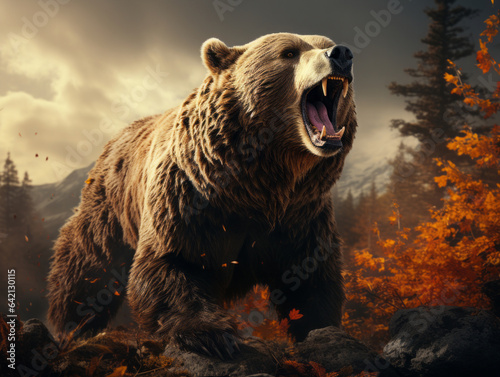 A huge bear in the autumn forest went hunting. 