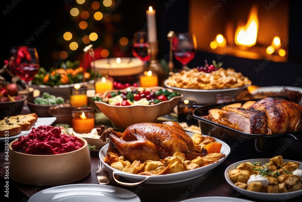 Traditional Thanksgiving turkey dinner. Turkey, mashed potatoes, dressing, pumpkin pie and sides. On wooden table.