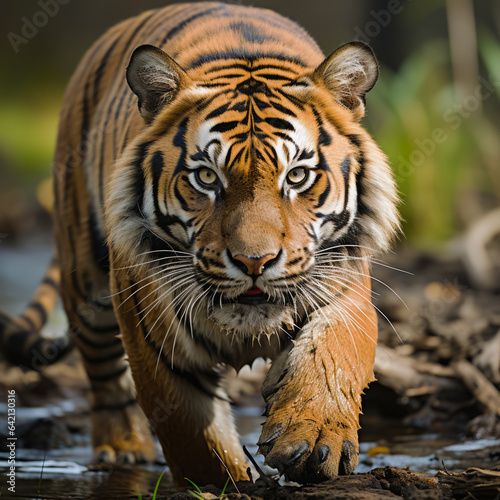 Tiger in the wild, making his way through the thicket of the forest. 
