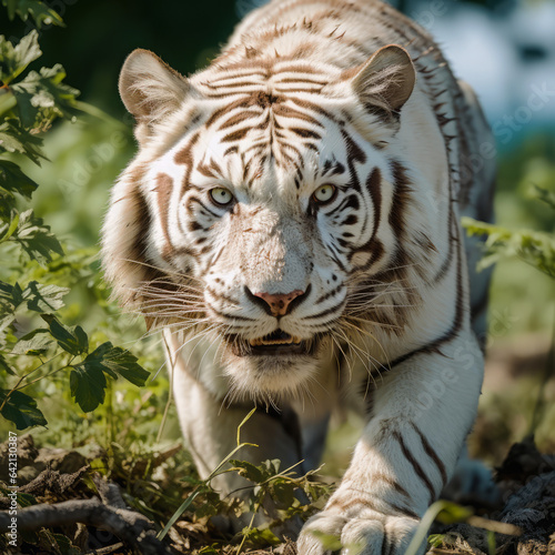 White Tiger in its natural habitat  making its way through the thicket of the forest. 
