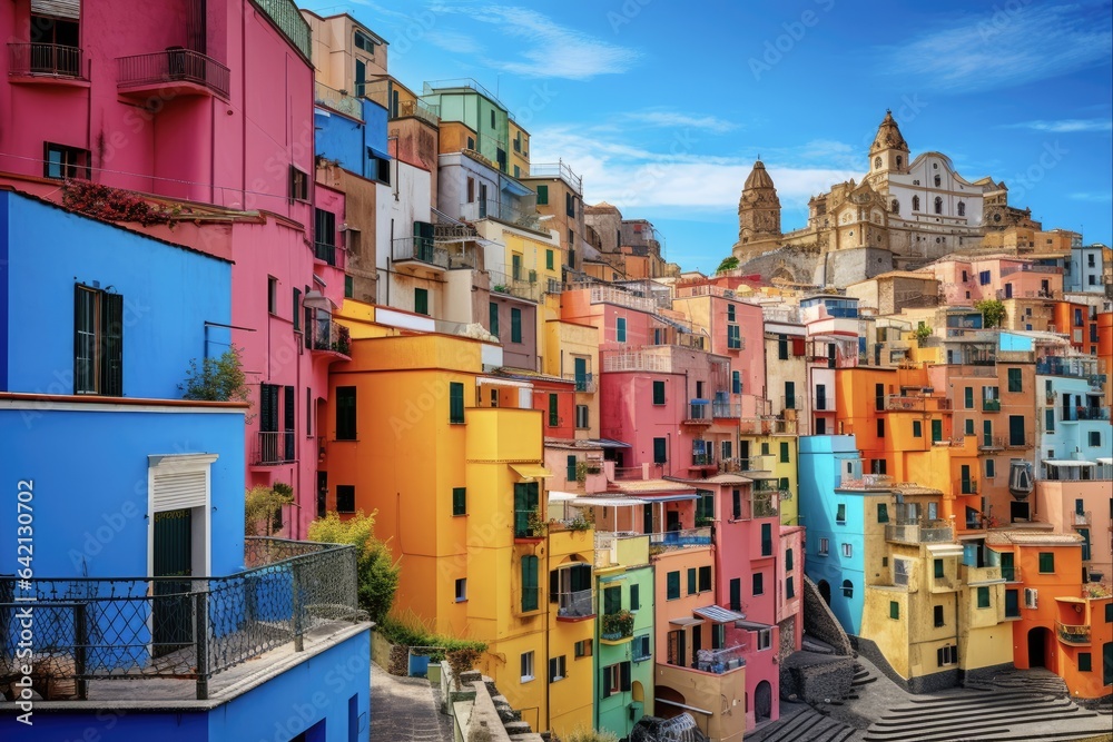 Colorful Cityscape in Italy: Beautiful Mediterranean Architecture and Beach in European City