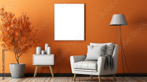 Canvas frame mock-up in the interior of a modern living room on a orange wall with a sofa and a plant in a vase, transparent wall art mock-up.