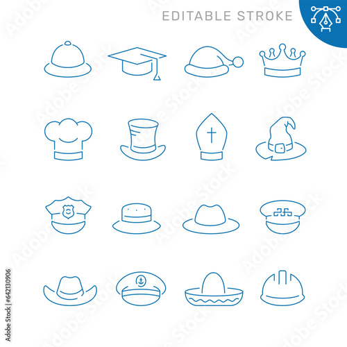 Vector line set of icons related with hats. Contains monochrome icons like hat, cap, sombrero, fedora, panama, crown and more. Simple outline sign. Editable stroke.