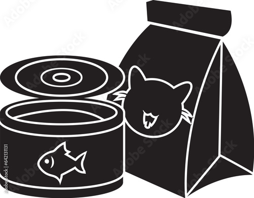 Black and White Cartoon Vector Illustration of a Bag of Cat Food and Tin of Fish