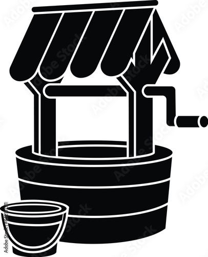 Black and White Cartoon Vector Illustration of a Wishing Well with Roof and Bucket photo