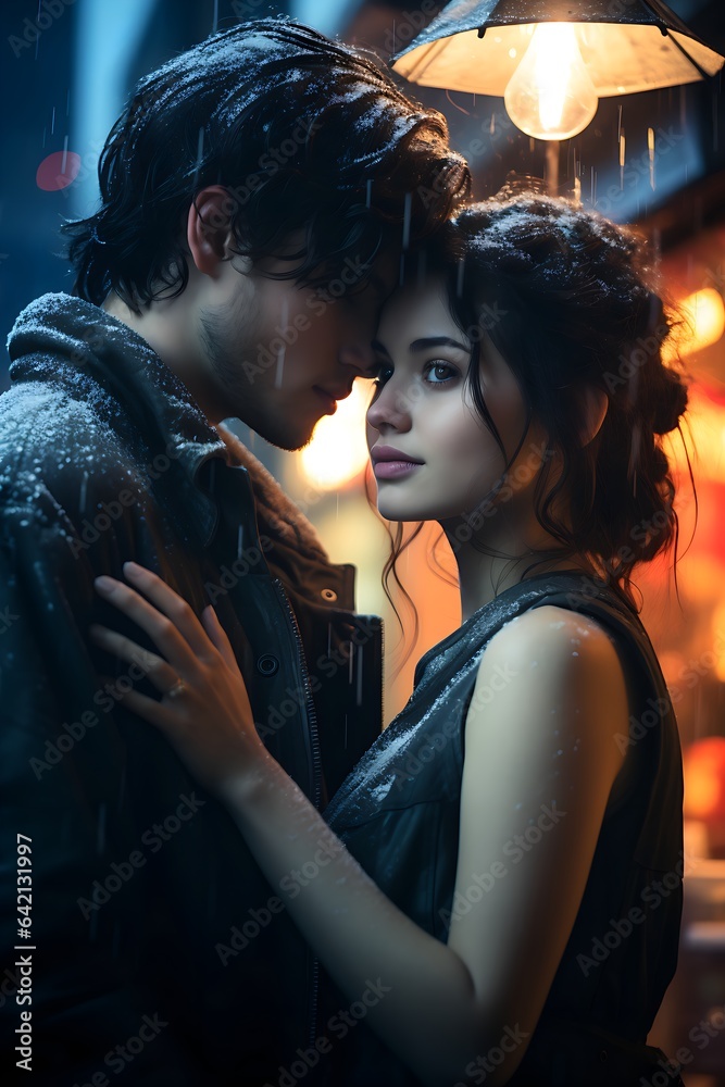 Portrait of Adult Boy with Short Brown Hair and Green Eyes and Girl with Long Blonde Hair and Blue Eyes, Standing in Rainy Night Street, Generative AI