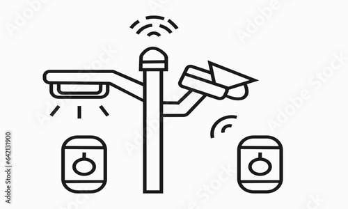 Security camera mounted on a building overlooking a busy street, while roadside camera on a pole captures passing vehicles on the highway.Surveillance cameras mounted on a lamp post vector icon.