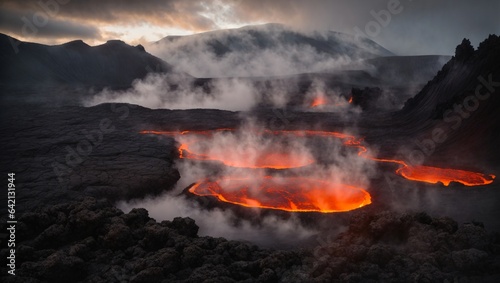 Volcanic mountains emit hot lava