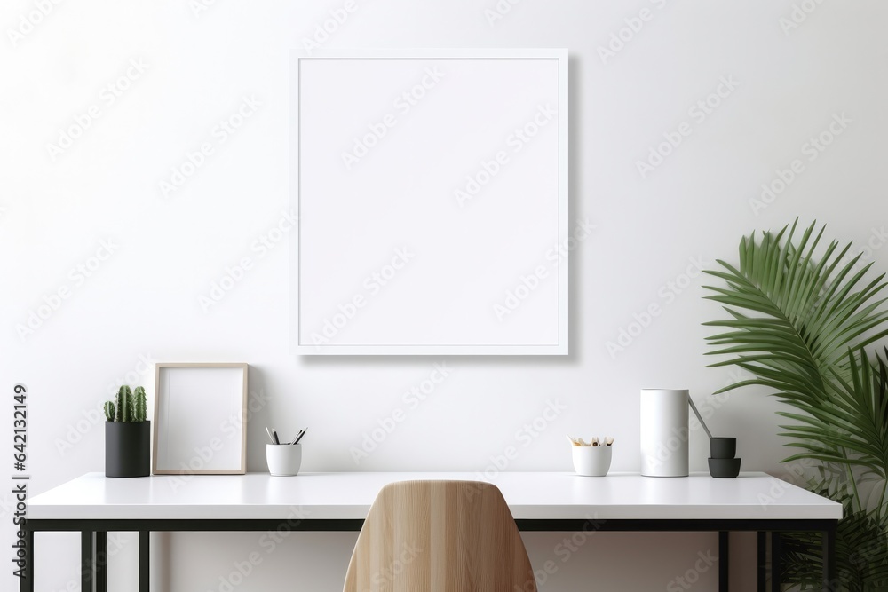 Scandinavian office interior with blank frame mock up on wall with minimalist furniture crib plant toys white Scandinavian office interior with blank frame mock up on wall with minimalist furniture crib plant toys white
