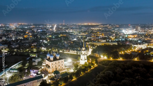 Ryazan, Russia. Night flight. Ryazan Kremlin - The oldest part of the city of Ryazan. Cathedral of the Assumption of the Blessed Virgin Mary, Aerial View