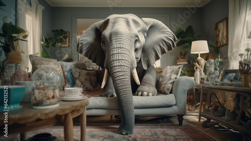 The elephant in the room. Idiom. Metaphor. Uncomfortable topic. Unspoken tension. Idiomatic expression. photo