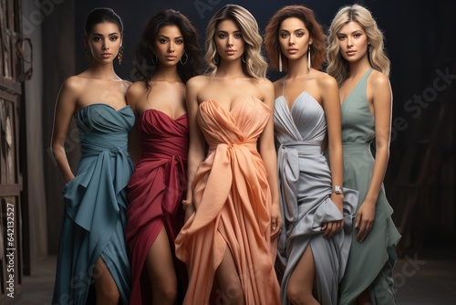 Five young beautiful girls wearing full-length draped slit prom ball gowns decorated with embroidered patterns. Fashion models in dress hire service with many dresses on. bridesmaids at wedding