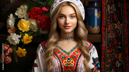 Portrait of Ukrainian Woman in Traditional Attire Smiling Gently