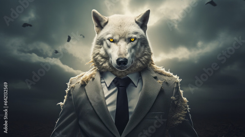 A wolf in sheep's clothing. Idiom. Cunning businessman. Dishonest businessman. Metaphor. Idiomatic expression. Proverb.   photo