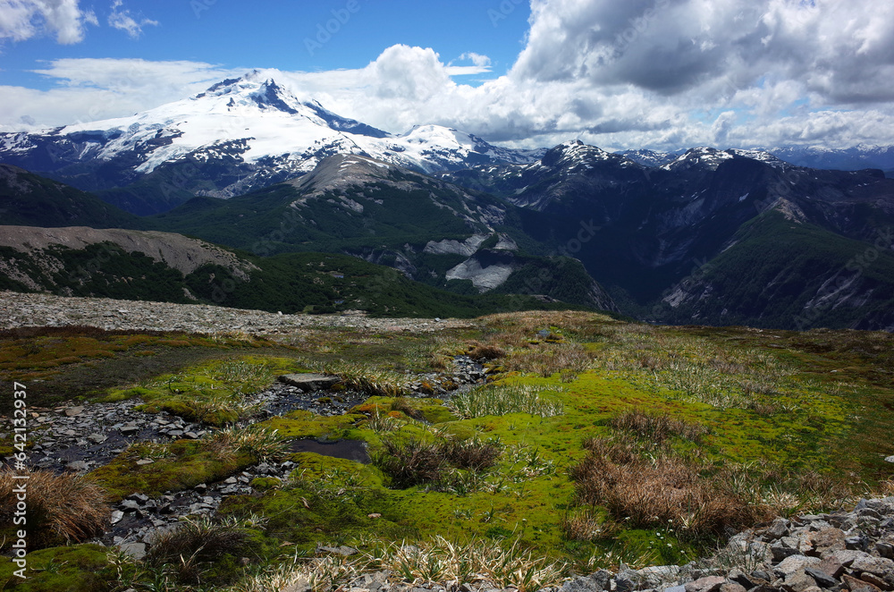 Naklejka premium Tronador Extinct stratovolcano snow topped mountain in southern Andes, View from Nahuel Huapi national park in Argentina Patagonia, Nature background South America green grass meadow
