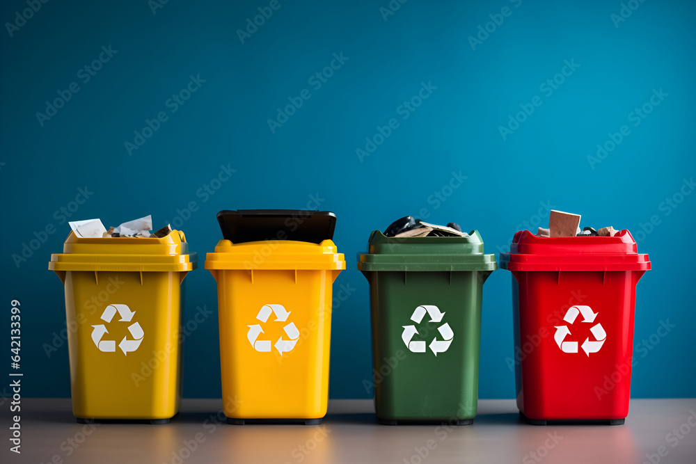 Waste bins collection full of different types of garbage, recycling and separate waste