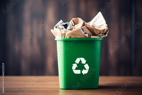 Green trash bin filled with waste paper ready for recycling isolated on wooden background with copy spcae. Waste paper illustration. Recycling paper, save the trees and environmental concern concept photo