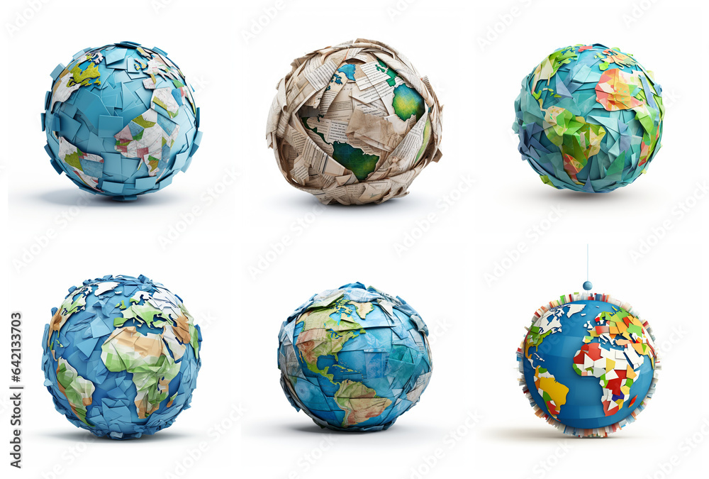 Waste paper 3d globe icon collection on white. Eco friendly banner with the globes made of waste paper showing the concept of recycling paper, giving paper the second life. Environmental concern - obrazy, fototapety, plakaty 