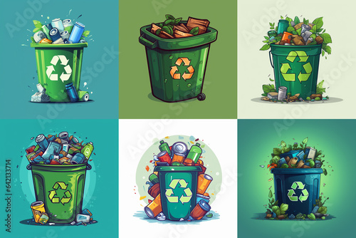 Collection of waste bin symbols. Icons of trash bins filled with different types of garbage, recycling and separate waste collection concept. Separeted waste ready for recycling. Save the earth photo