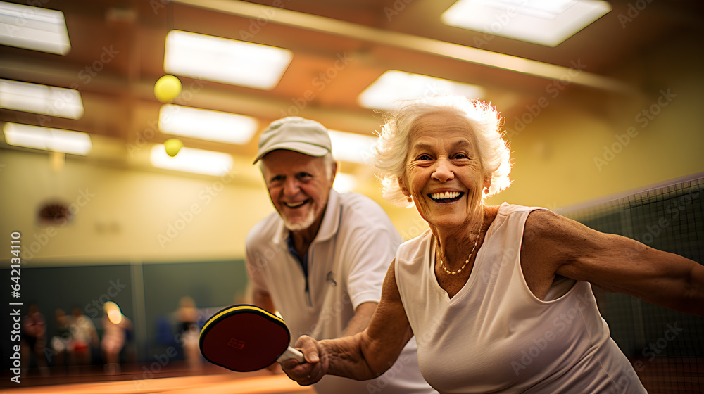 Smiling seniors playing ping pong as a recreational activity. Seniors