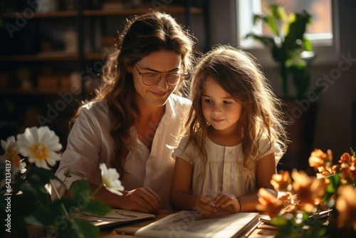 Mom does homework with her daughter. The tutor deals with the child. Children education concept