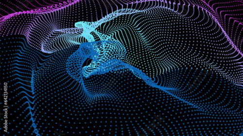Energy net flows. Dot particle lines penetrating fog. Neon lights plexus of knots. Curved node row space infinity. Linking funnel universe parameters. Background information technology presentation.