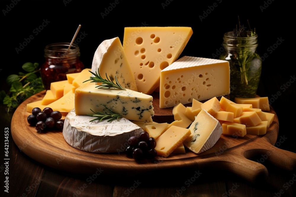 Pieces of cheese on black background. Various types of cheese on wooden board. Assortment of cheeses: brie, blue, gorgonzola, parmesan and maasdam on black background.