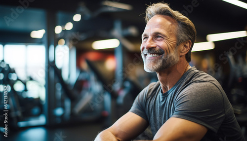 Happy middle-aged man in the gym. Lifestyle portrait photo