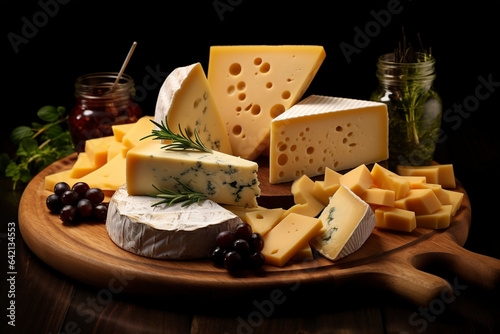 Obraz na płótnie Pieces of cheese on black background. Various types of cheese on wooden board. Assortment of cheeses: brie, blue, gorgonzola, parmesan and maasdam on black background. w salonie