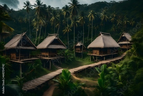 Hidden jungle village with thatched-roof huts and wooden walkways - AI Generative