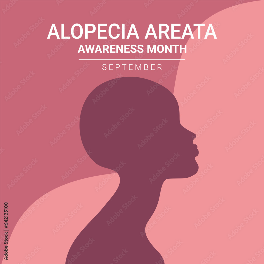 Alopecia awareness month poster. Woman with bald head silhouette. Vector illustration