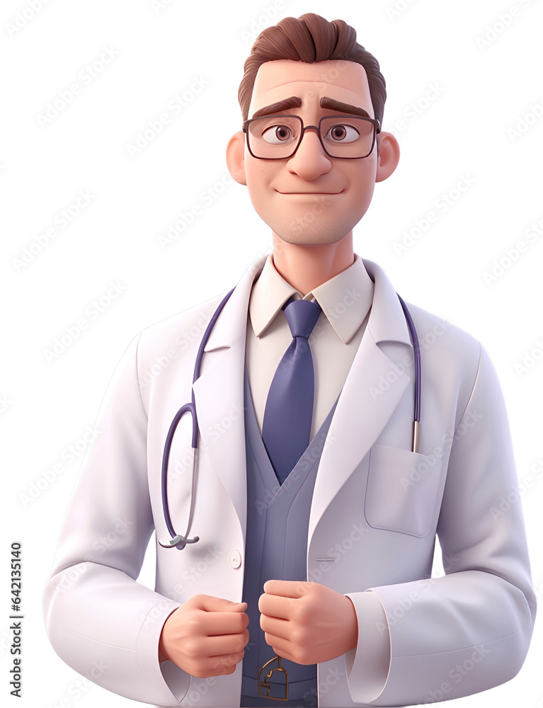 Fototapeta premium Doctor in White Coat and Tie Conducting Research. 3D render. Cartoon character doctor transparent background cutout. PNG file. Many different types of medical clipart isolated.