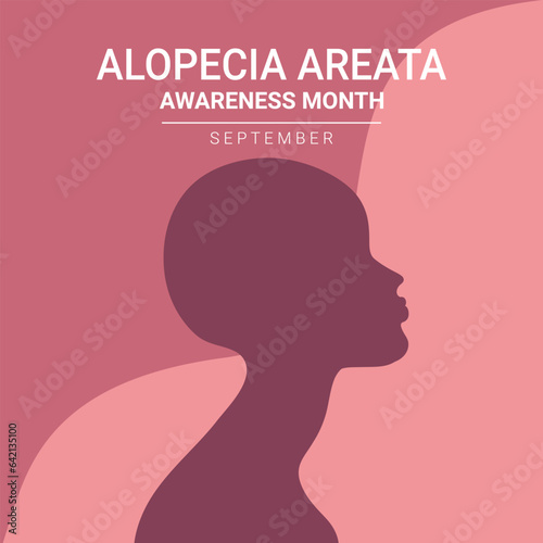 Alopecia awareness month poster. Woman with bald head silhouette. Vector illustration