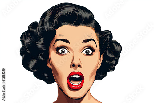 Wow effect, beautiful surprised young woman with open mouth on white background, retro pop art style surprised and excited comics woman with open mouth, woman on Pop art background.