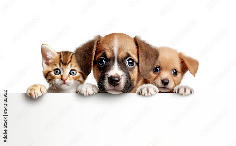 Cute kitten and puppies peek out from behind a white wall