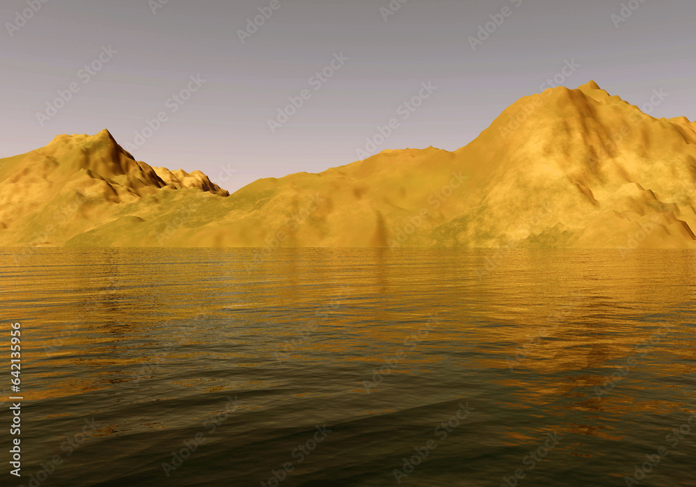 Mountains and sea background 3D illustration