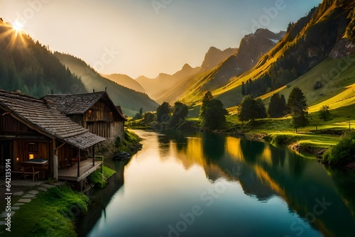 lake in the mountains at sunset , a small village near the river