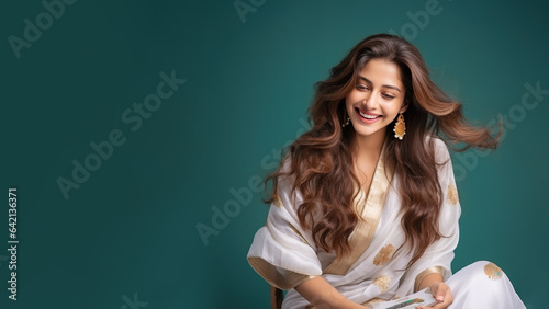 Indian girl in sari or saree traditional cloth, Smiling woman, long hair