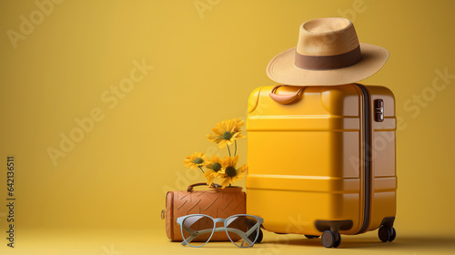 Obraz na płótnie Stylish yellow suitcase with hat and sun glasses on yellow background, beautiful yellow background composition of travel concept, luggage of one suitcase, travel background, generative ai w salonie
