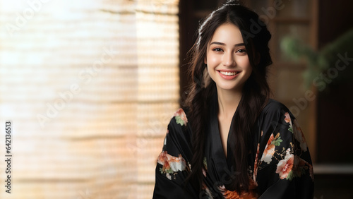 Japanese girl in kimono traditional cloth, Smiling woman, long straight black hair photo