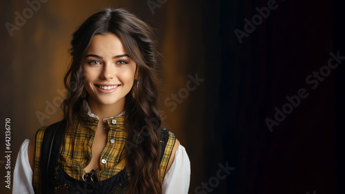 Scottish girl in classic traditional costume cloth, Smiling woman, long hair